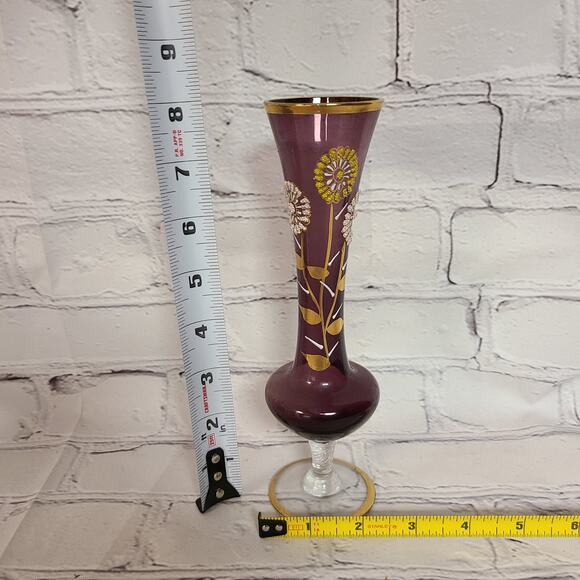 Elegant Footed Pedestal Amethyst Glass Vase - VTG Hand Painted Art Nouveau Decor - Picture 8 of 9